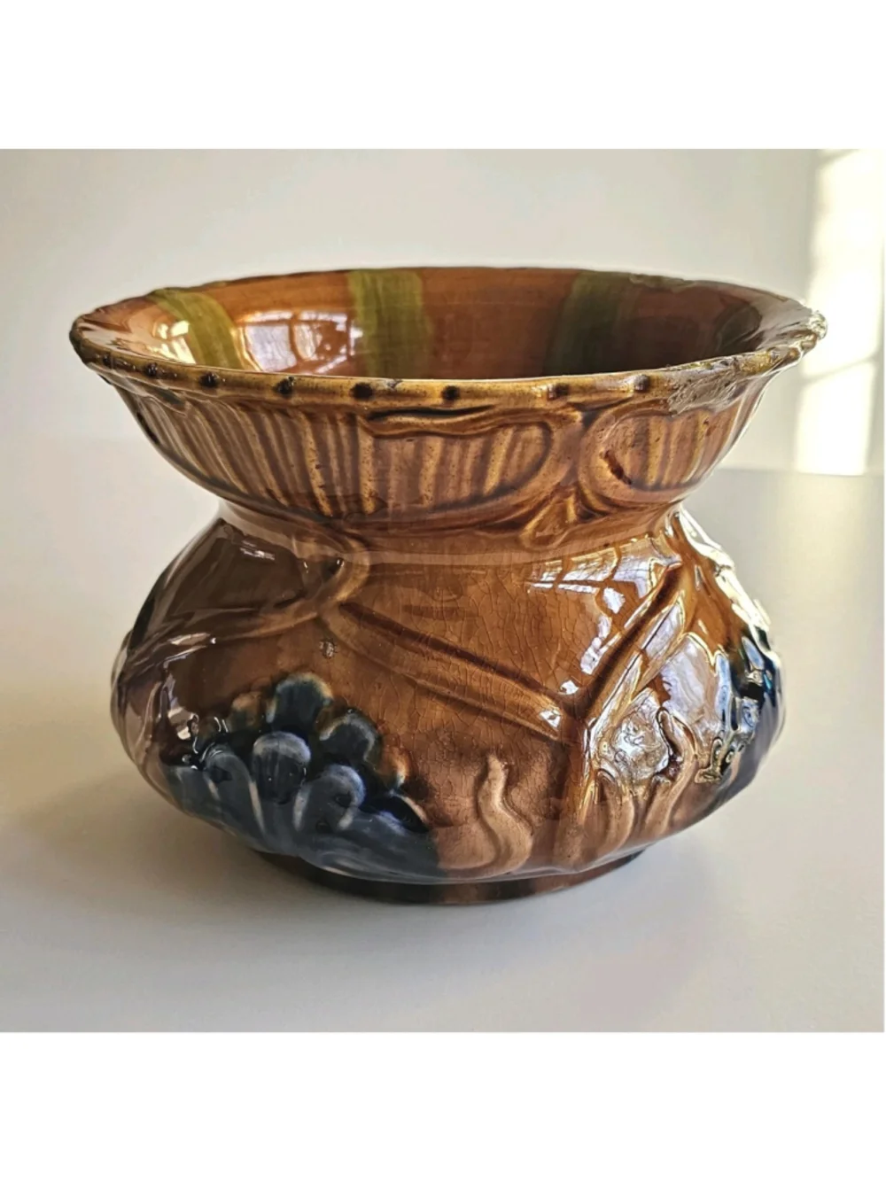 Antique 1920s Majolica Art Pottery Jardiniere Planter - Brown & Green - 7.25
